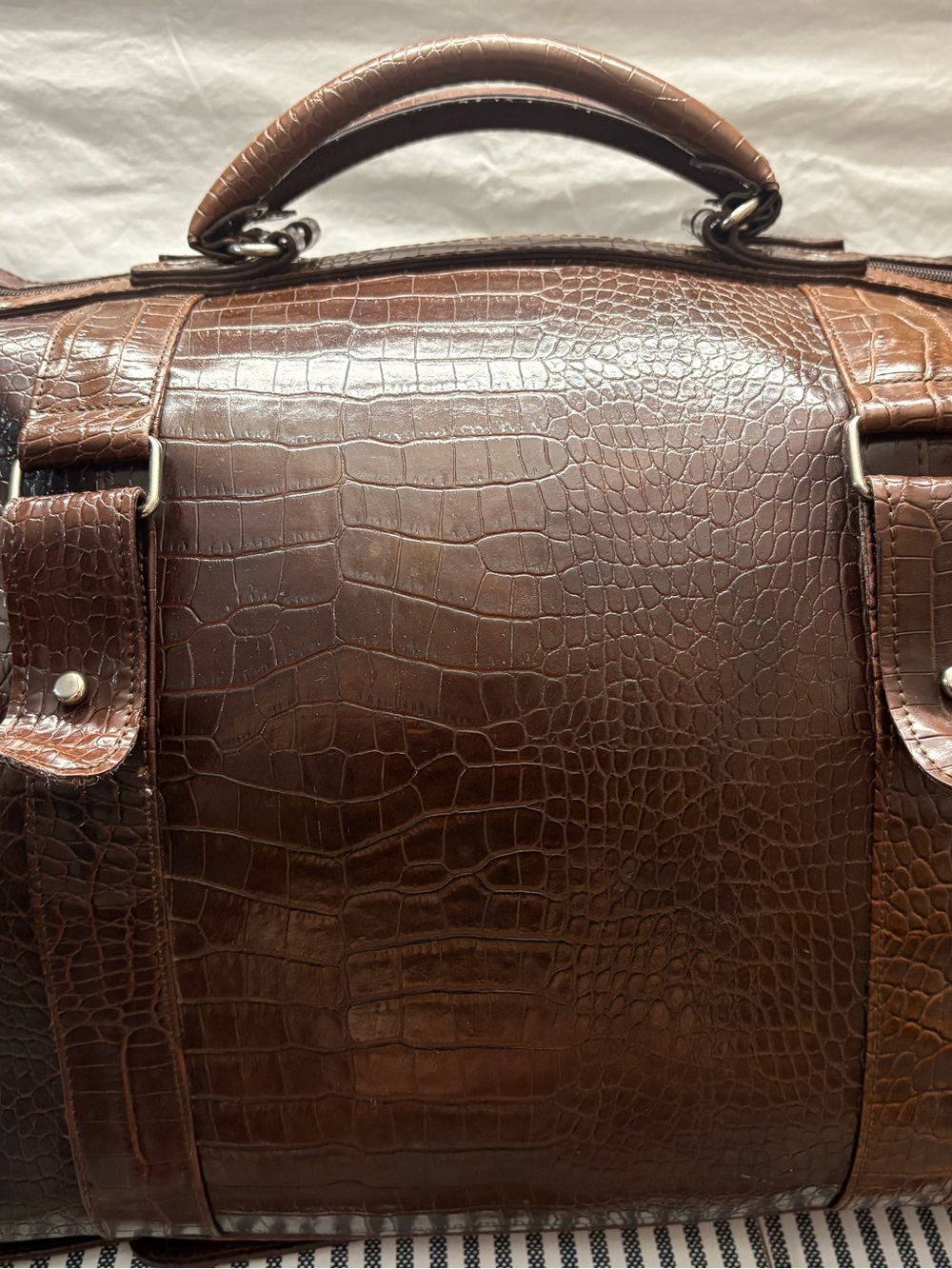 Classic Brown Croc-Embossed Leather Duffel Bag